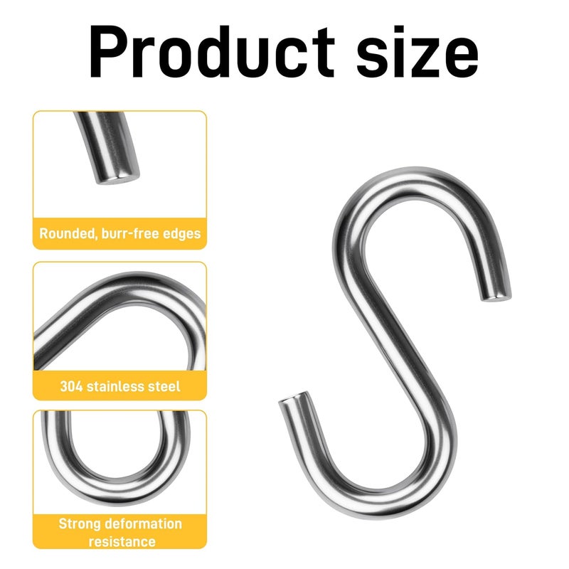 Tingheng 3.2 Inch Heavy Duty S Hooks (2-Pack), 550LB Capacity 304 Stainless Steel Hanging Hooks, Utility S-Hook for Hammock, Swing, Garage Storage, Outdoor Use - Image 2
